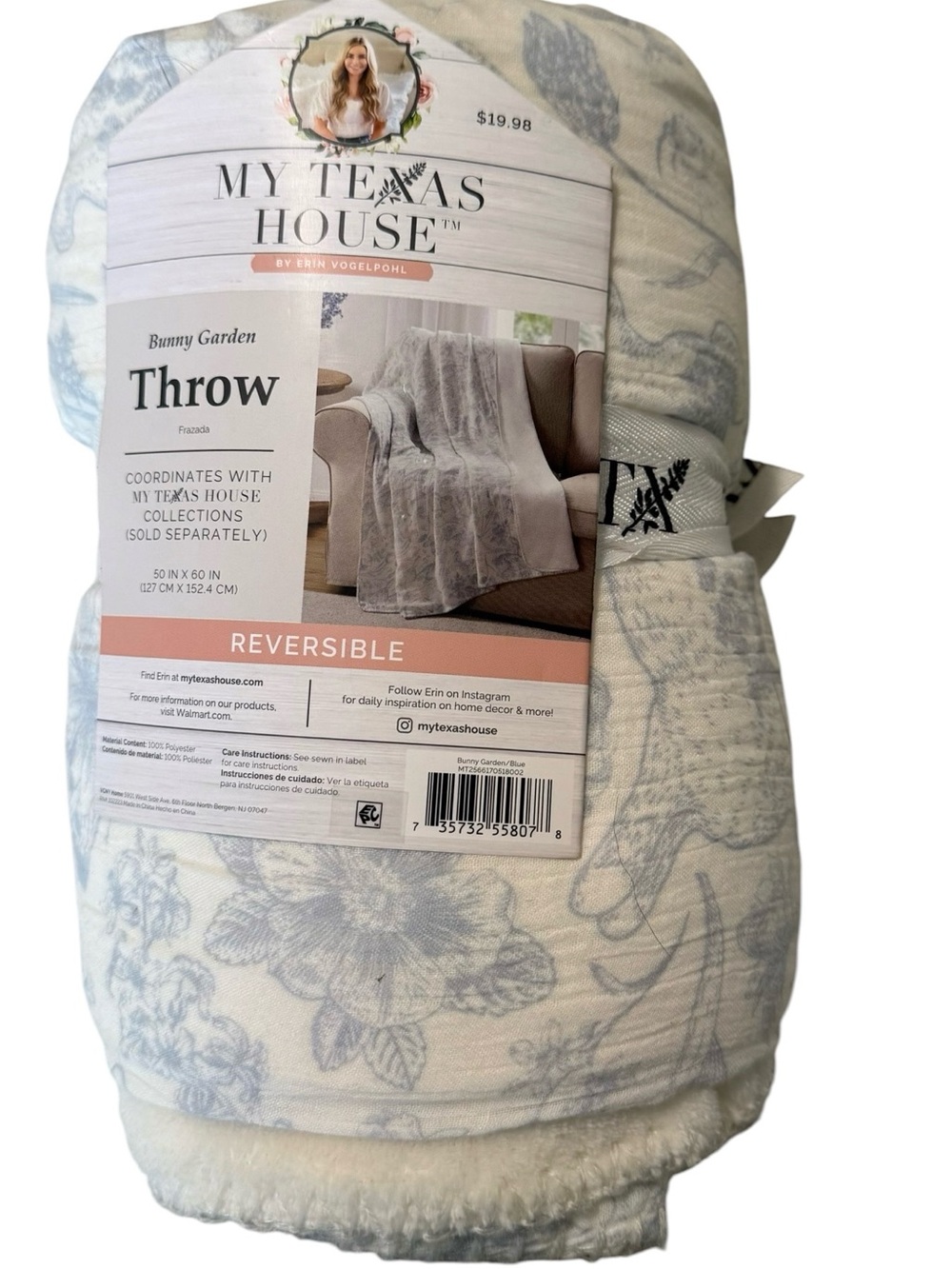 My Texas House Bunny Garden Reversible Sherpa Throw Blanket 50x60 NWT